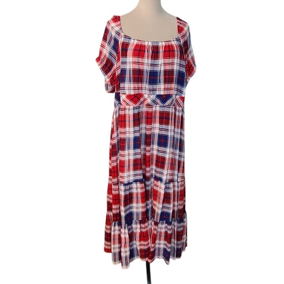 torrid Dresses & Skirts - Torrid Challis Puff Sleeve Tiered Maxi Dress Plaid Red & Blue 3X 22/24 Americana